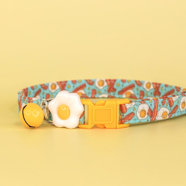 Bacon and Eggs Breakaway Cat Collar with Bell, Adjustable Cute Boy Kitten Collar, Male Cat Collar Breakaway, Blue Boy Cat Breakaway Collar