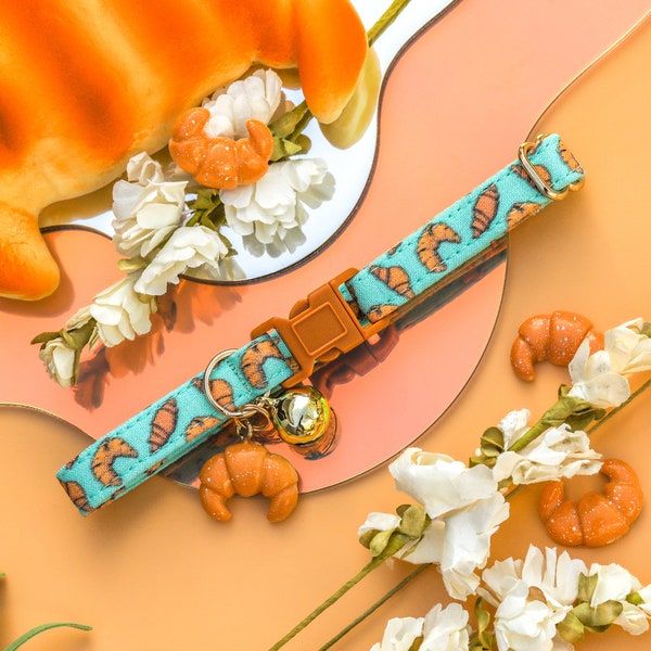 Blue Croissant Cat Collar, Cute Boy Cat Breakaway Collar, Fancy Male Kitten Collar Safety, Cute Breakaway Cat Collar, Bakery, France, Food