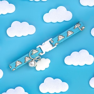 Blue Cloud Cat Collar with Bell and Charm, Male Breakaway Cat Collar, Sky Cat Breakaway Collar, Adjustable Boy Kitten Collar Breakaway