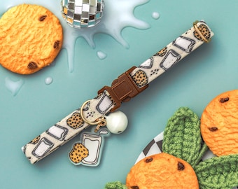 Milk and Cookies Cat Collar, Cute Chocolate Chip Cookie Cat Collar, Neutral Breakaway Cat Collar, Fancy Boy Kitten Collar Safety, Fun, Food