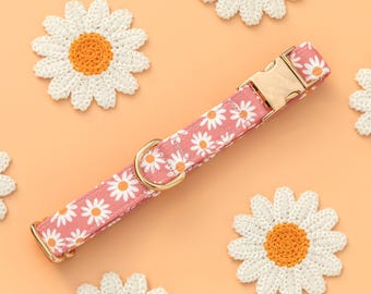 Pink Daisy Dog Collar, Retro Custom Girl Dog Collar, Floral Cute Designer Dog Collar, Adjustable Thin Puppy Collar, Fancy Wide Dog Collar