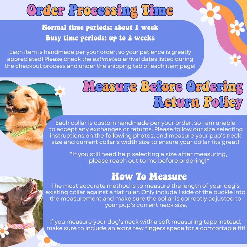 The image is a colorful and informative order processing guide for a pet store, featuring images of dogs wearing collars and instructions on how to measure a dog's neck for a collar.