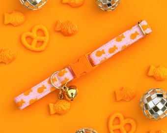 Gold Fish Cat Collar with Bell and Charm, Pink Breakaway Cat Collar, Girl Kitten Collar, Cute Safety Cat Breakaway Collar, Fancy Cat Collar