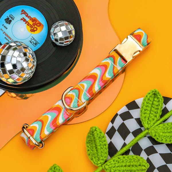 Wavy 70s Dog Collar, Cute Retro Dog Collar, Custom Boy Dog Collar, Groovy Girl Dog Collar, Colorful Y2k Dog Collar, Customized Dog Collar
