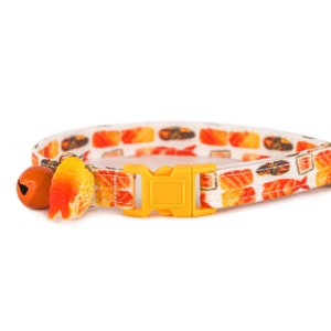 Sushi Cat Collar with Charm and Bell, Fish Breakaway Cat Collar, Sushi Male Cat Breakaway Collar, Adjustable Boy Kitten Safety Collar Orange