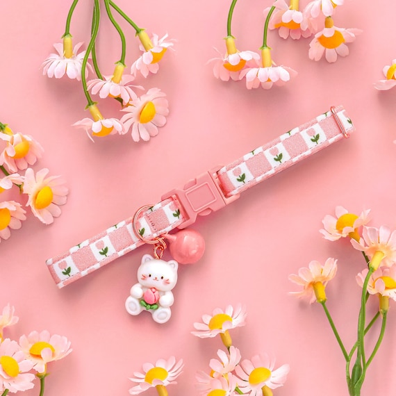 Tulip Cat Collar, Checkered Floral Breakaway Cat Collar, Cute Pink Spring Cat Breakaway Collar, Checked Flower Girl Kitten Collar with Bell