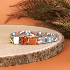 Smores Cat Collar with Charm and Bell, Fall Breakaway Cat Collar, Camping Male Cat Breakaway Collar, Adjustable Boy Kitten Play Collar