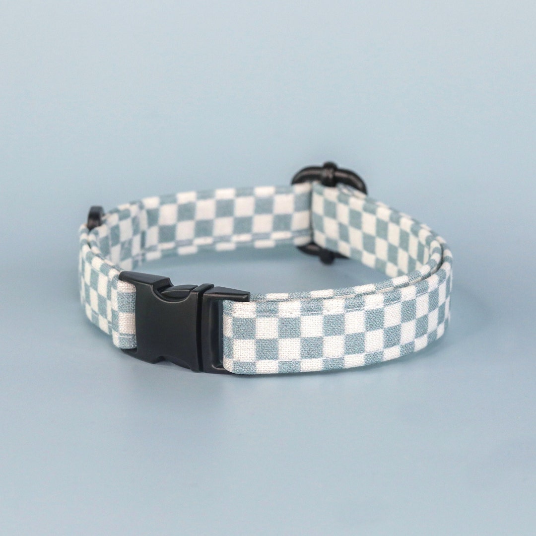 Gray Blue Checkered Dog Collar, Custom Retro Boy Dog Collar, Y2K