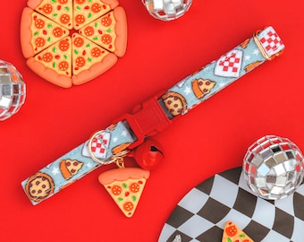 Pizza Cat Collar, Cute Breakaway Cat Collar, Fun Blue Boy Cat Collar, Fancy Male Kitten Safety Collar, Retro Cat Breakaway Collar with Bell