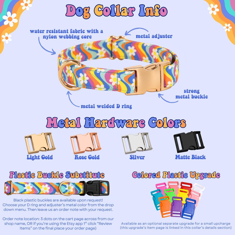 The image is a colorful collage of various dog collar options, including a rainbow-colored collar, a metal hardware collar, a plastic buckle accessory, and a colored plastic upgrade.