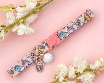 Boba Cat Collar with Bell and Charm, Bubble Tea Kitten Collar Breakaway, Adjustable Cat Breakaway Collar, Colorful Girl Cat Collar Cute