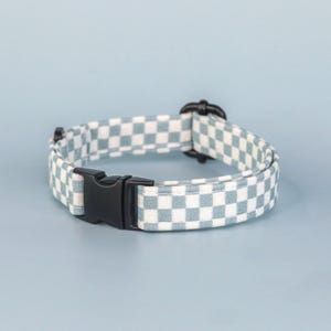 Gray Blue Checkered Dog Collar, Custom Retro Boy Dog Collar, Y2K Designer Dog Collar, Handmade Cotton Large Dog Collar, Cute Dog Collar