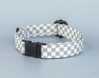 Gray Blue Checkered Dog Collar, Custom Retro Boy Dog Collar, Y2K Designer Dog Collar, Handmade Cotton Large Dog Collar, Cute Dog Collar