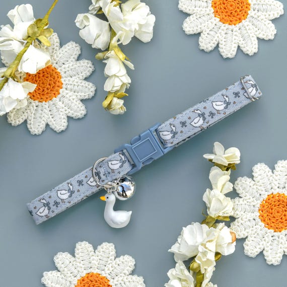 Goose Cat Breakaway Collar, Cute Spring Geese Breakaway Cat Collar, Bird Boy Kitten Collar with Bell, Fancy, Cottagecore, Handmade, Blue