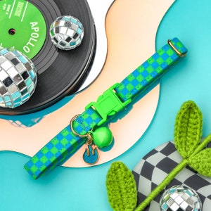 Checkered Cat Collar with Bell and Charm, Groovy Check Boy Cat Breakaway Collar, Cute Y2k Male Kitten Collar Safety, Blue, Green, Retro