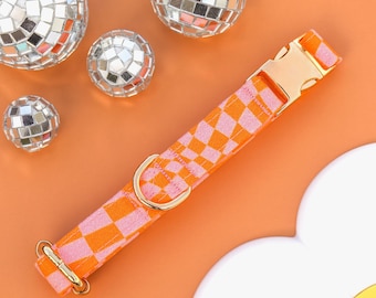 Y2K Checkered Girl Dog Collar, Retro Female Puppy Collar, Groovy Custom Dog Collar, Pink and Orange Colorful Pet Collar, Large Dog Collar
