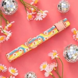 Retro Daisy Dog Collar, Groovy Rainbow Summer Dog Collar, Adjustable Girl Puppy Collar, Customized Floral Dog Collar, Thin Female Dog Collar