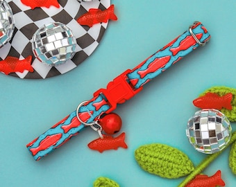 Fish Cat Collar with Bell and Charm, Cute Boy Cat Breakaway Collar, Male Kitten  Collar, Blue Breakaway Cat Collar