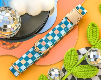 Blue Y2k Checkered Dog Collar, Groovy Cute Boy Dog Collar, Retro Custom Dog Collar, Summer Male Puppy Collar, Checked, Checkerboard, Trendy