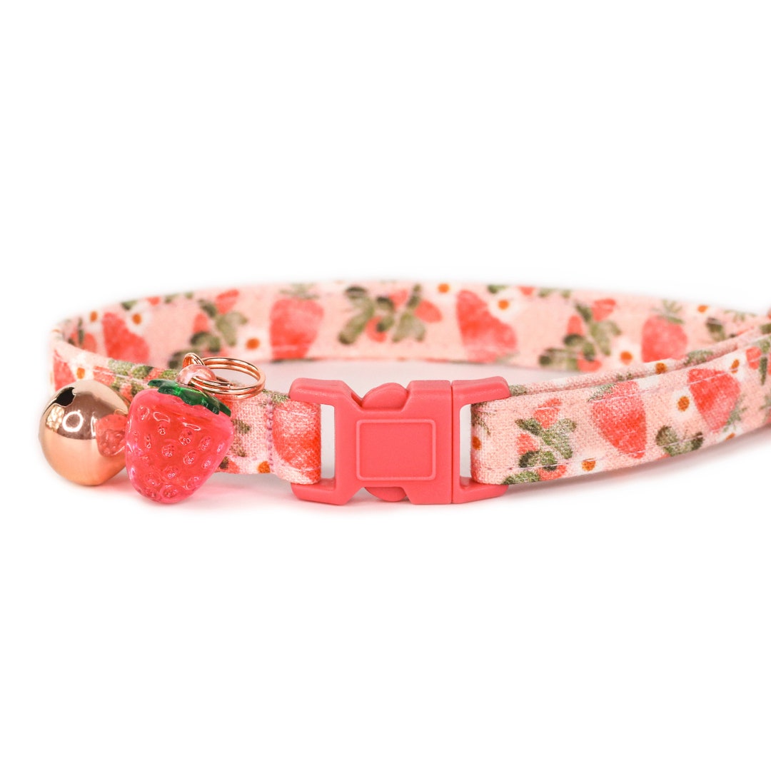 Pink Strawberry Cat Collar, Female Breakaway Cat Collar With Bell