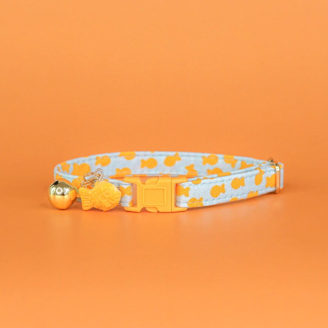 Gold Fish Cat Collar With Bell and Charm, Blue Breakaway Cat Collar, Boy Kitten Collar, Cute