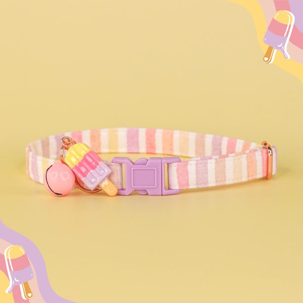 Summer Striped Cat Breakaway Collar with Charm and Bell, Popsicle Cat Breakaway Collar with Bell, Colorful Adjustable Kitten Safety Collar