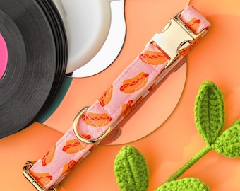 Retro Pink Hotdog Dog Collar, Cute Summer Dog Collar, Custom Girl Dog Collar, Dachshund Lover Dog Collar, Designer Female Dog Collar Food