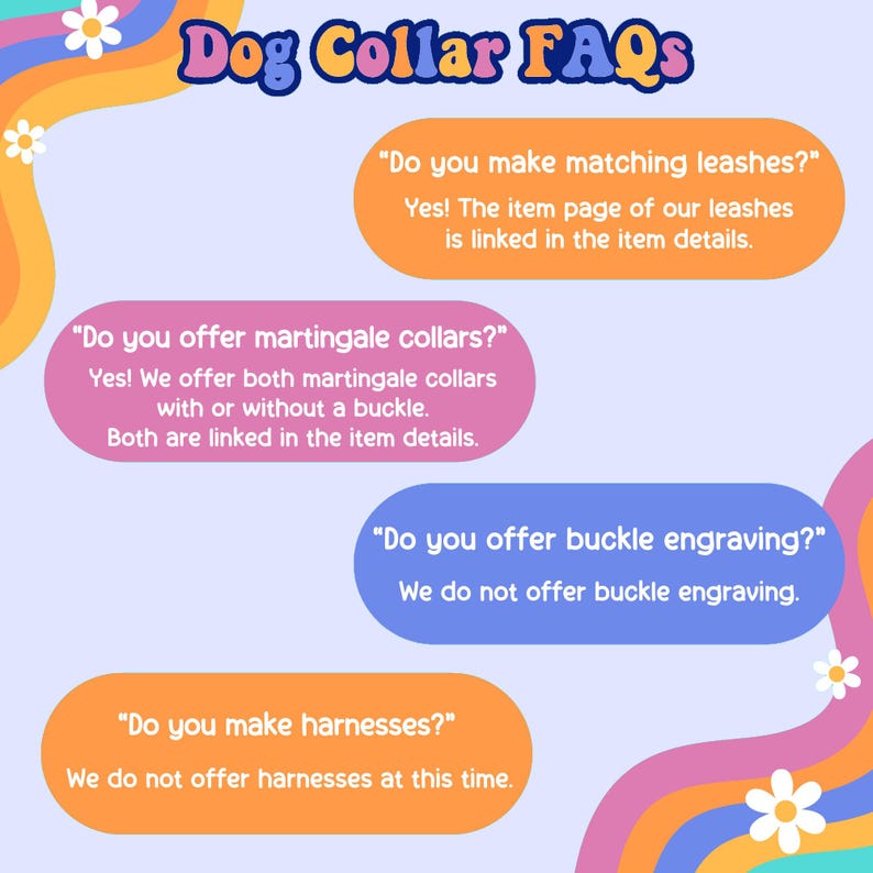 a series of questions about dog collar options, including whether to offer martingale collars, buckle engraving, and harnesses. The questions are presented in a clear and concise manner, without redundancy or vague wording.