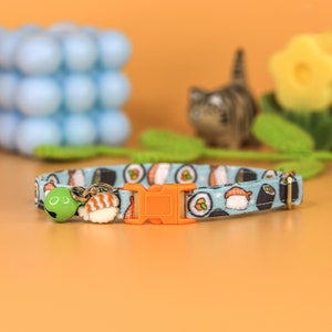 Sushi Cat Collar with Bell and Charm, Shrimp Cat Breakaway Collar, Cute Male Kitten Collar, Fish Breakaway Cat Collar, Blue Boy Cat Collar