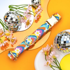 Retro Rainbow Daisy Dog Collar, Cute Groovy Dog Collar Customized, Colorful Floral Y2K Dog Collar, Custom Fancy Girl Dog Collar
