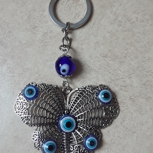 Butterfly & Evil Eye Keychain Keyring, Transformation Renewal Rebirth Endurance Hope Accessories, Protection Good Luck Charm