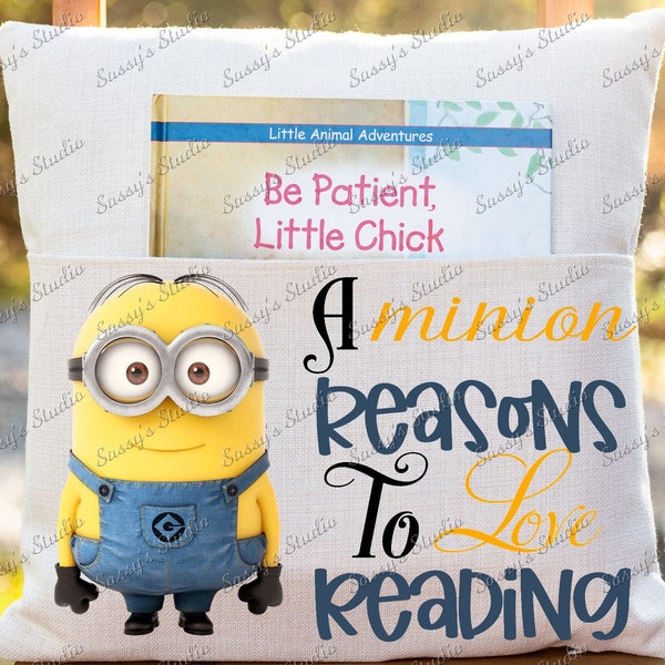 A Minion Reasons To Love Reading Sublimation, Minion PNG, Reading, Pocket Pillow, Digital Download