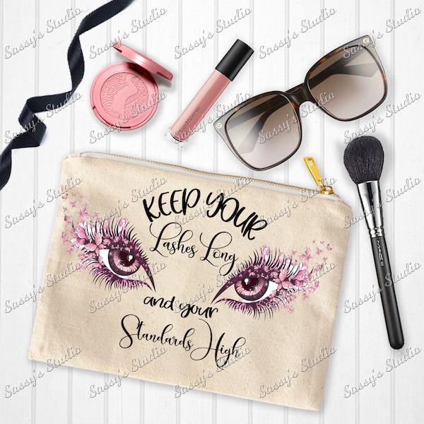 Keep Your Lashes Long And Your Standards High Cosmetic Bag Design. Make Up Bag PNG, Digital Design, Sublimation