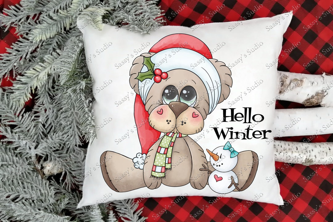 Hello Winter, Pillow Sublimation Design, Bear PNG, Winter Clip Art