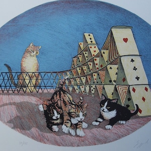 Katzen 'n Karten - Original Lithographie Druck 1980, Hand signiert Vintage Lithographie, von Hand gezogen Druck