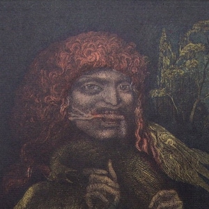 May include: A black and white etching of a person with red hair wearing a dark green and gold robe. The person is holding a hand to their mouth and looking to the side. The background is dark with a small tree in the upper right corner. The image is numbered 5/99.