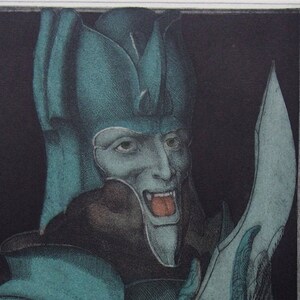 May include: An artistic print depicting a figure in teal armour and a helmet, holding a large blade. The figure has a stern expression with an open mouth, revealing a red interior. The artwork is signed and numbered 5/99.