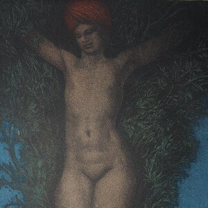 May include: A nude figure with red hair stands in front of a dark green leafy tree. The figure has their arms outstretched and is looking down. The background is a dark blue.