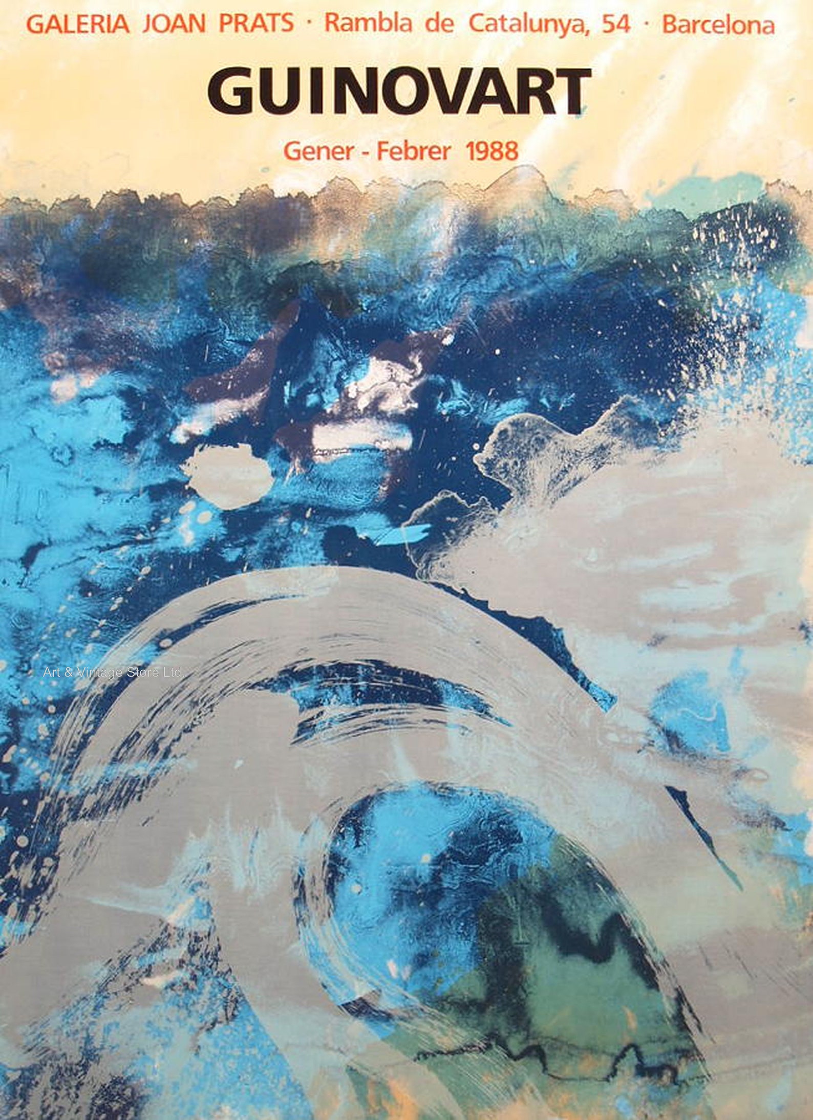 Affiche Originale Josep Guinovart 1990 - Art Abstrait Orange Et Noir - Portrait Abstrait - Occasion