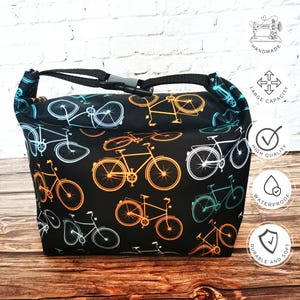 Bike Print Lunch Bag - Insulated Lunch Tote for Kids and Adults - Fun bag Design for School, Work  Picnics