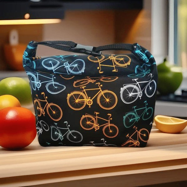 Black Bike Print Lunch Tote in Durable Waterproof Fabric