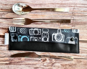 Photographer gift, cutlery pouch with camera print, fabric pencil case, black cutlery case