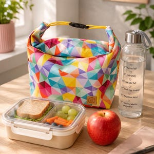 Lancheira com estampa triangular colorida – impermeável, com forro térmico opcional – bolsa térmica moderna, presente de Natal sustentável