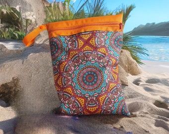 Mandala handgemaakte waterdichte natte tas, luiertas, oranje zwemtas, strandtas, vakantie essentieel, babyshowercadeau, spiritueel cadeau