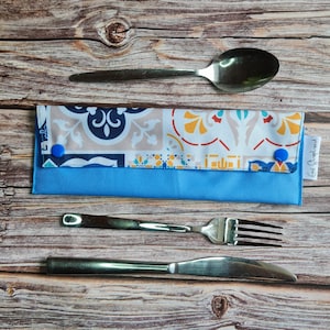 Portuguese Cutlery Pouch | Travel Utensil, Cosmetic Kit | Blue Lunch Bag for Work | Perfect Gift for Her
