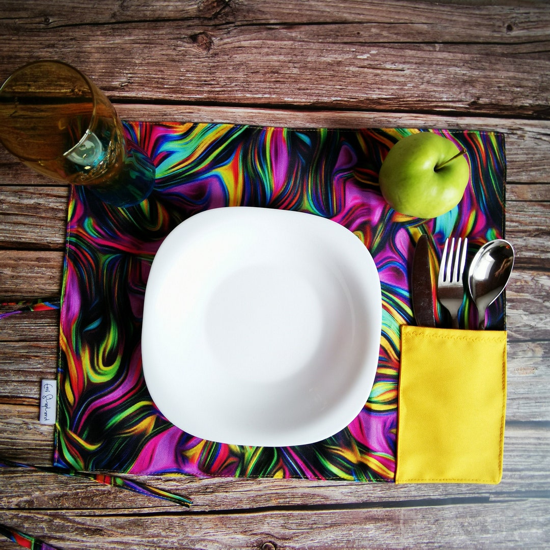 Pink Table Placemat, Multicolour Placemat With Utensil Pocket, Water