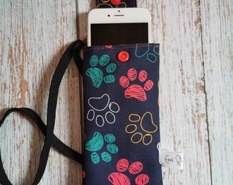 Mobile fabric phone case, Gift for dog lover, paw pattern mobile case, mobile phone bag, phone pouch, mobile phone bags, fabric glasses case