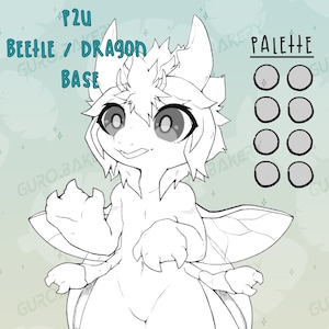 May include: Line art illustration of a cartoonish beetle/dragon hybrid character. The image includes text that reads "P2U BEETLE / DRAGON BASE" and a palette of color swatches. The character has large eyes, insect-like wings, and clawed hands and feet.