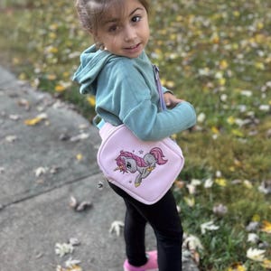Pink Unicorn Backpack – Embroidered, Sparkly Rainbow Strap & Zipper, Adjustable Sling for Left/Right Side, Unicorn Zipper Pull