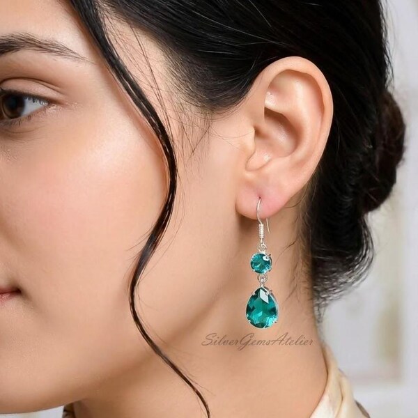 Blue Tourmaline Dangle Earrings Sterling Silver | Handmade Prong Set Indicolite Drop Earrings Gift